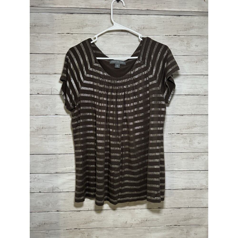 Josephine Chaus Women's XL Brown Gold Striped Short Sleeve Blouse Top Shirt Cute